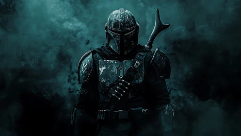 Armored sci fi warrior with rifle in dark teal smoke field.