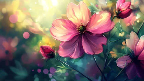 Vibrant pink flower close-up in soft glowing garden light.