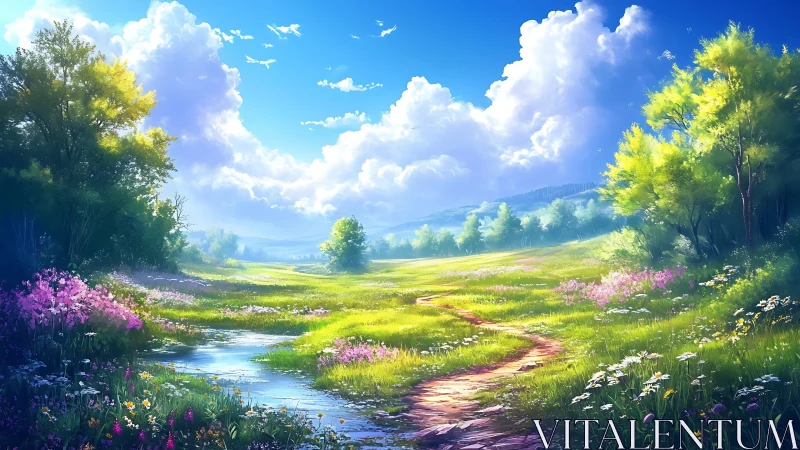 Sunlit wildflower meadow with stream under cumulus sky