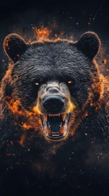 Roaring bear head with fiery accents on dark backdrop.