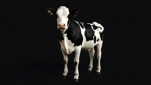 Gentle black and white dairy cow stands calmly in soft light