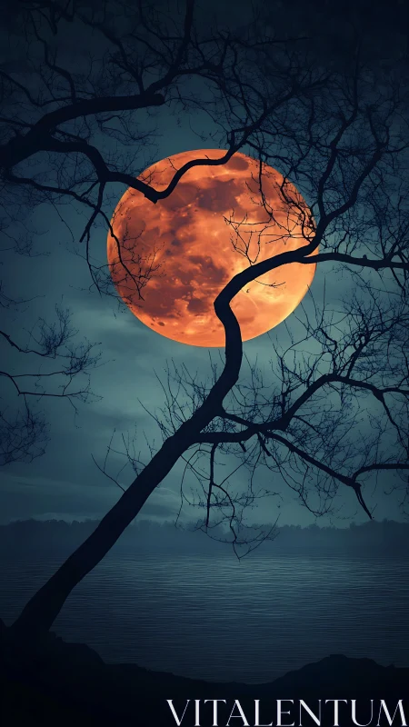 Digital painting of blood moon framed by silhouetted shoreline trees.