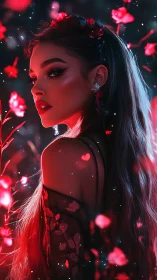 Digital portrait shows woman in profile among red petals