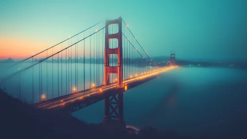 Suspension bridge at twilight in dense coastal fog, long exposure