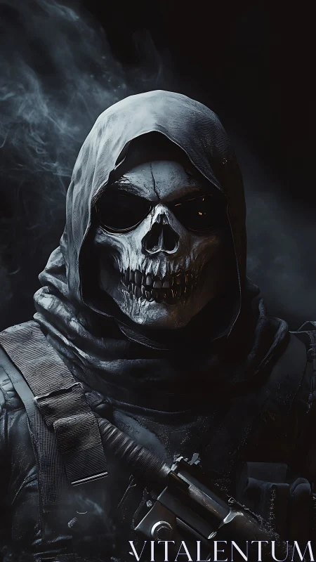 Grim skull soldier in hooded tactical gear portrait.
