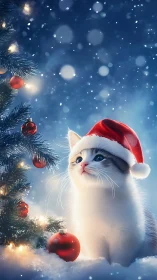 Christmas kitten in Santa hat beside decorated tree.