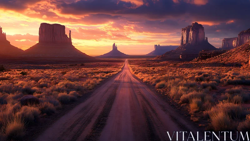 Sunset road winding through peaceful desert stone guardians.