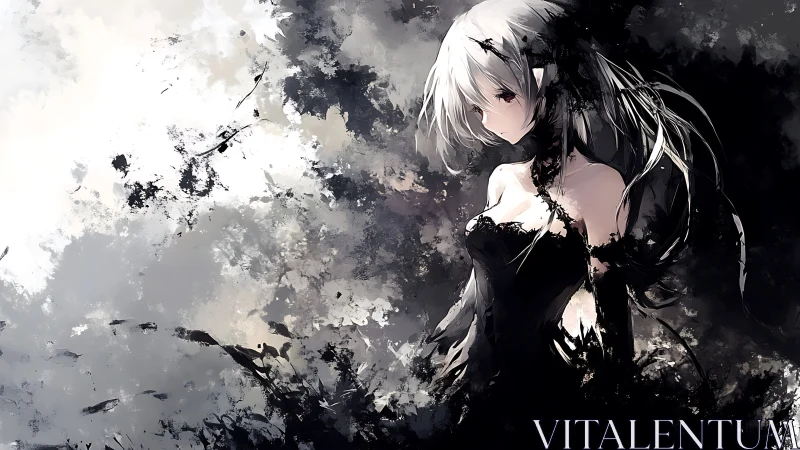 Solitary silver-haired girl amid chaotic ink and shadow.