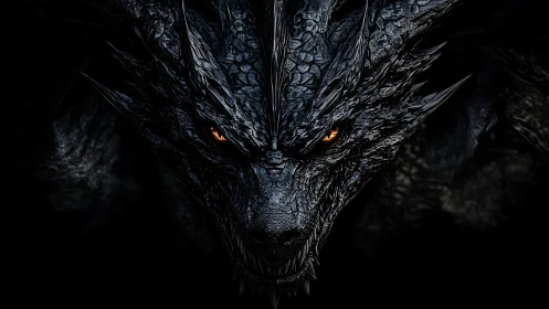 Dark scaled dragon face with glowing orange eyes in shadow.