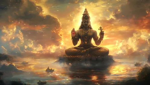Colossal meditative deity levitates above reflective oceanic sunset