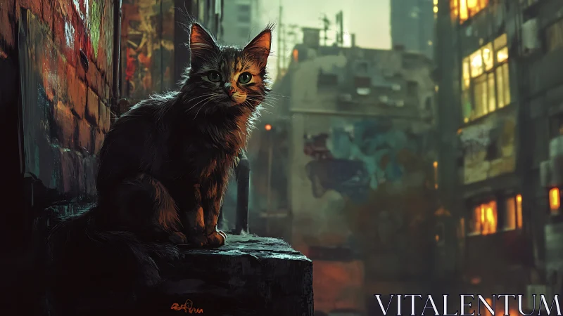 Solitary Felid Subject Positioned on Urban Architectural Element with Atmospheric Volumetric Lightin