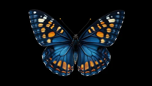 Blue butterfly macro with vivid orange wing patterns.
