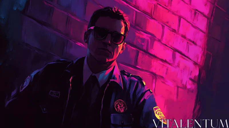 Neon alley officer broods in electric magenta midnight haze.
