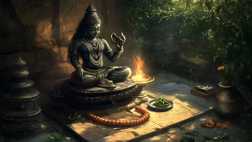 Stone deity statue illuminated by volumetric temple courtyard light