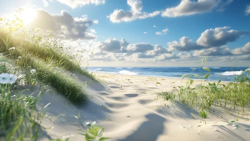Sunlit sandy beach with dune grass and distant blue waves.