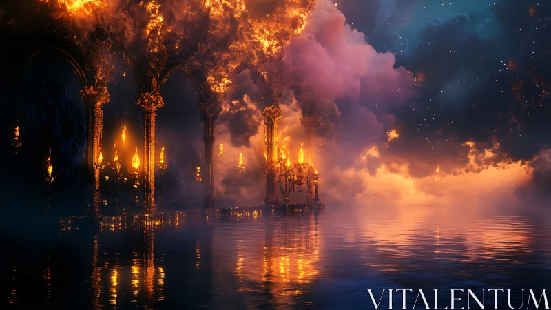 Mystical Palace Ablaze: Golden Flames Reflected in Still Waters