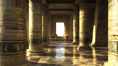 Sunlit hypostyle hall with ornate Egyptian stone columns