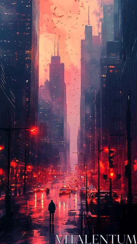 Neon dusk city street with solitary figure in rain-soaked glow.