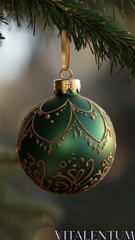 Green glass ornament with gold filigree on evergreen branch.
