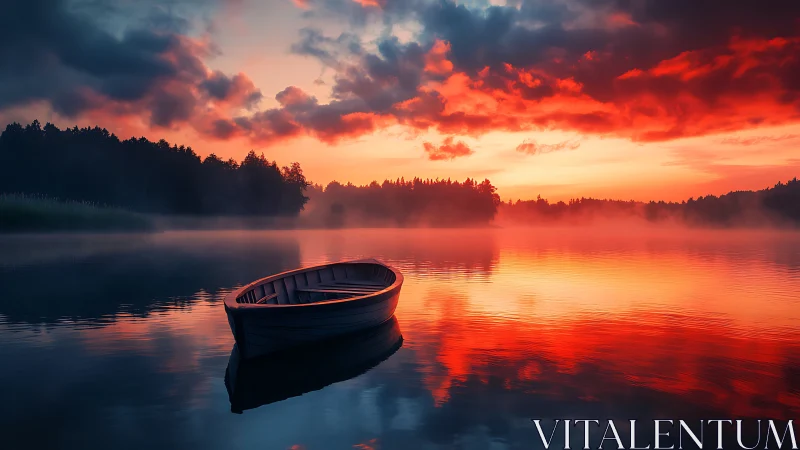 Rowboat on mirror lake under high-saturation red sunset sky