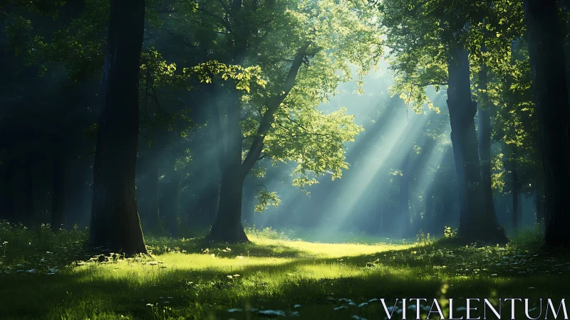 Sunlit Forest Clearing with Lush Greenery in Morning Light.