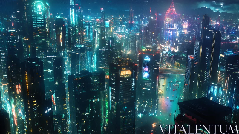 Rain soaked cyberpunk megacity skyline with neon waterways