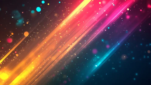 Vibrant diagonal light streaks with glowing color particles.