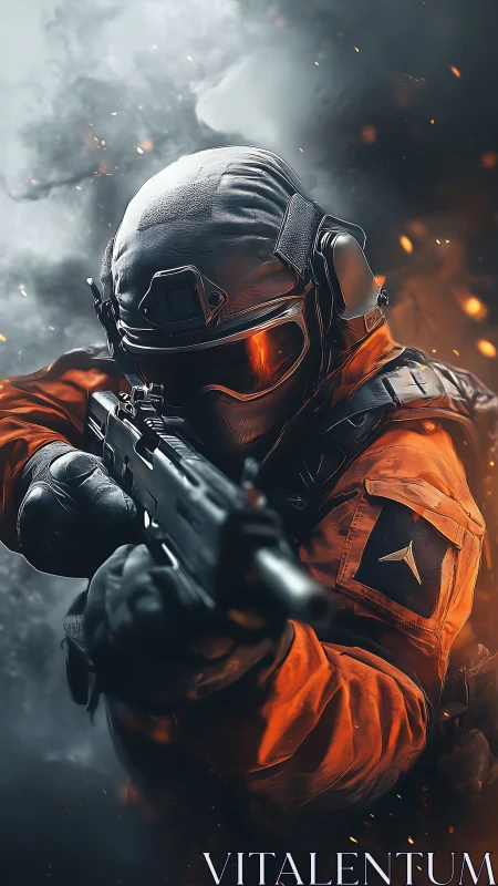 Armored soldier aiming rifle amid smoke and embers.
