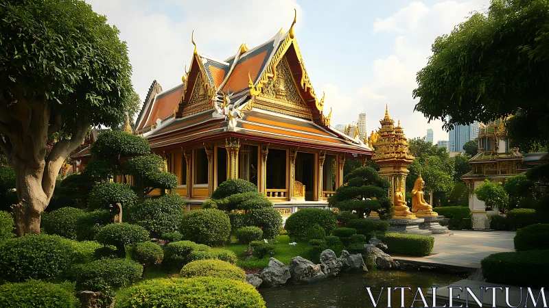 Golden temple garden oasis glowing within the modern city.