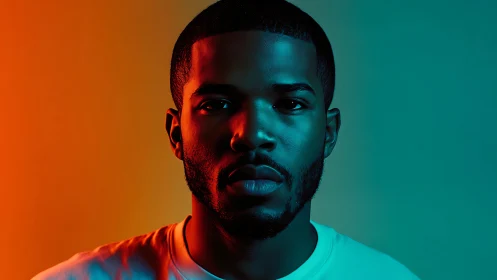 Portrait captures man in bold teal and orange split lighting