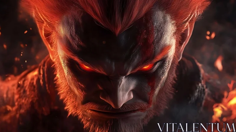 Fiery red haired warrior with glowing eyes in embers.