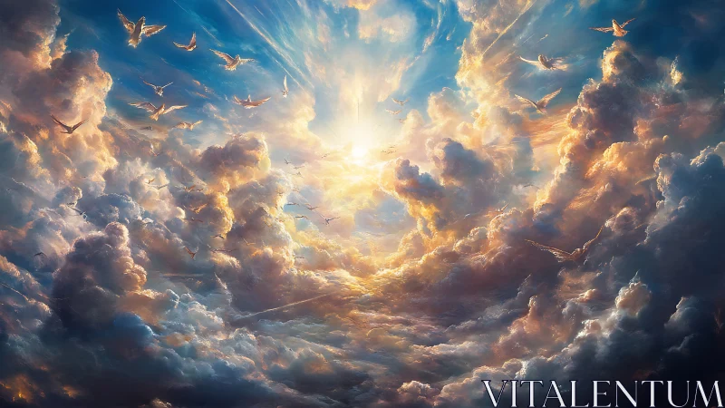 Celestial doves ascending through radiant stormlit clouds.