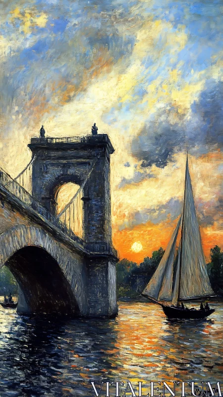 Sunlit sailboat beside stone bridge at glowing river sunset.