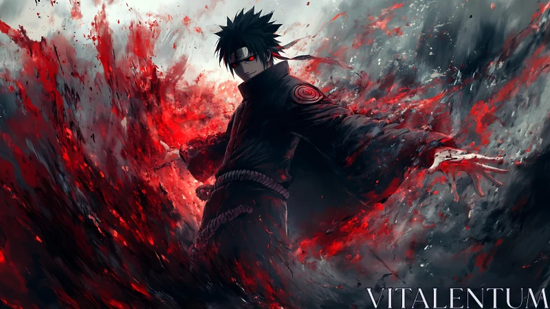 Crimson energy vortex engulfing dark-clad anime combatant.