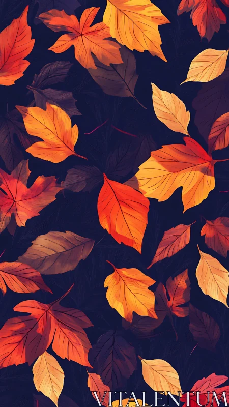 Autumn foliage pattern with orange and red leaves on dark background.