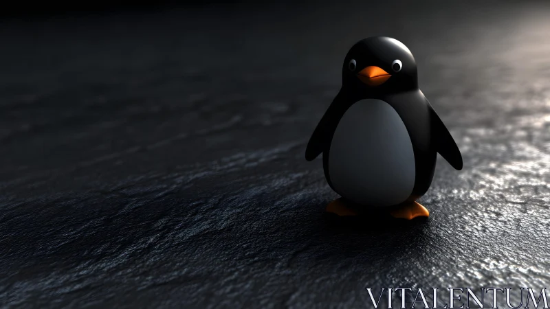 Cute cartoon penguin on textured dark surface, 3D digital art.