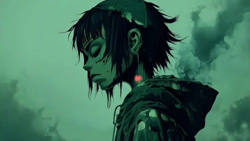 Side profile portrait depicts hooded figure in green haze