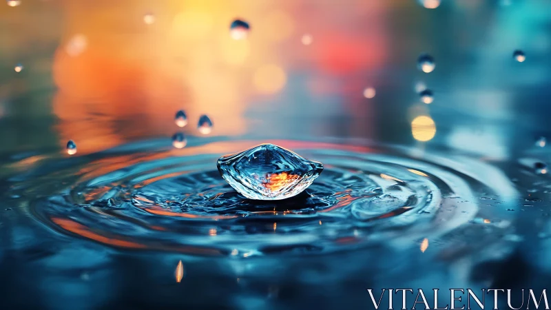 Liquid droplet crown with iridescent bokeh reflections on water.