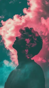 Double-exposed male profile merges with magenta clouds and teal sky