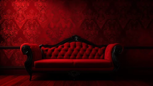 Crimson velvet sofa anchors dark baroque interior drama.