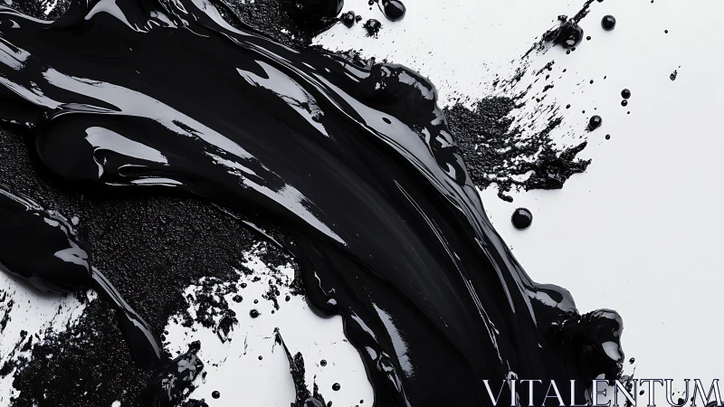 High-gloss black paint stream slices across stark white ground