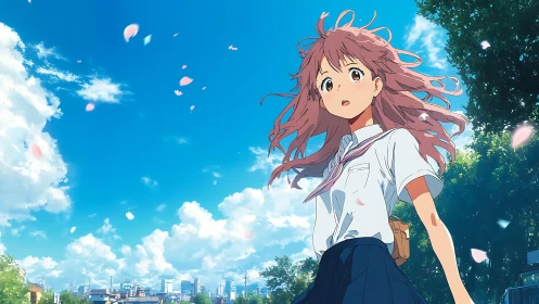Schoolgirl walks under bright sky with drifting petals