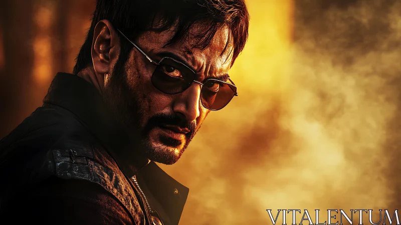 Brooding sunglasses glare framed by molten sunset haze.