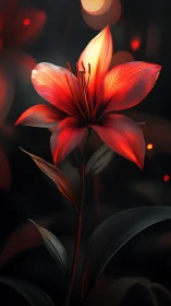Red lilium flower rendered with luminous petals against darkened background