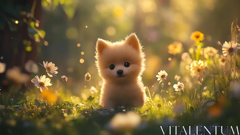 Fluffy puppy bathed in golden backlight amid wildflowers.