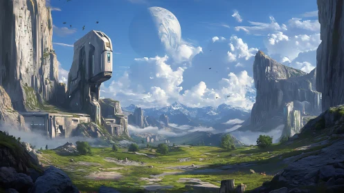 Futuristic cliff citadel overlooks serene alien valley under moon