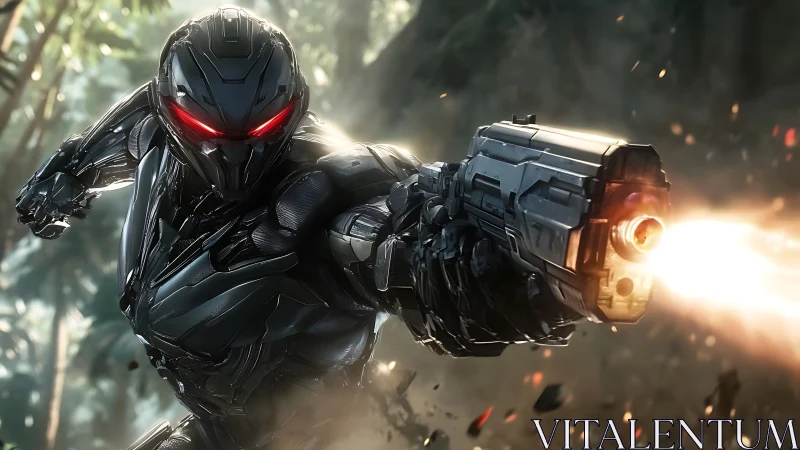 Armored cyborg fires heavy weapon in dense jungle assault