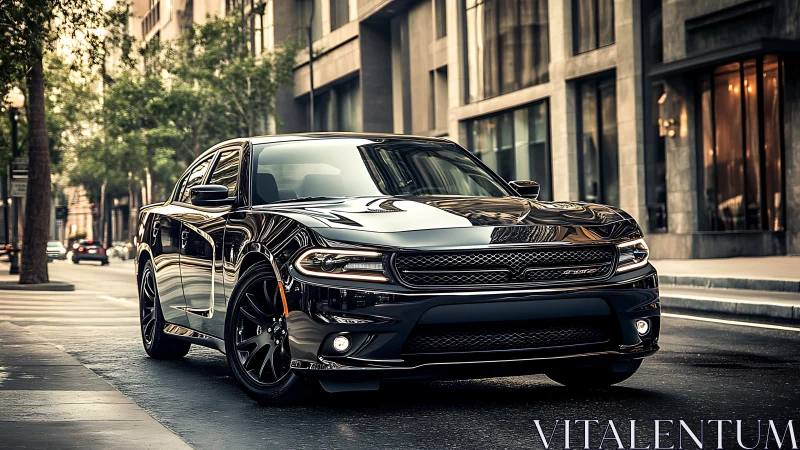 Black performance sedan parked on quiet modern city street