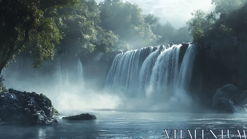 Morning mist braids a silver curtain of forest waterfalls