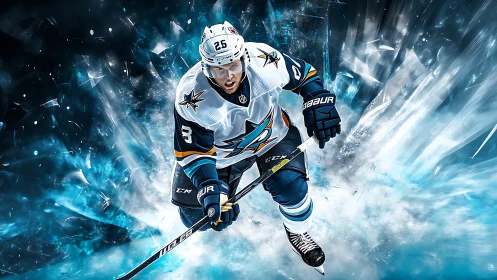 Ice hockey player in white teal uniform charging forward.